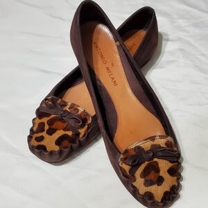 Antonio Melani Leopard Calf Hair Ballet Flats Brown Leather Bow Size 6.5